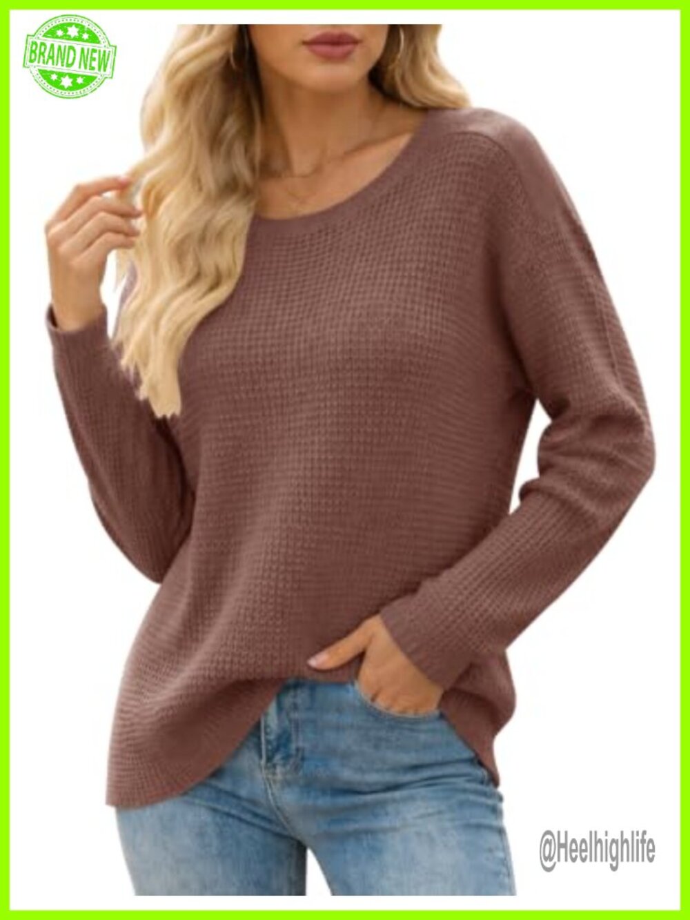 Womens Waffle Knit Sweater Long Sleeve Crew Neck Lightweight Pullover Top